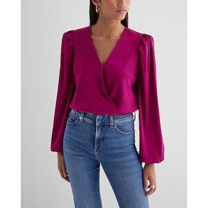 Express Satin Balloon Sleeve Faux Wrap Front Bodysuit M